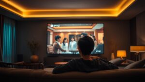 An immersive, high-quality streaming experience with a seamless, user-friendly interface. A cozy, dimly-lit living room setting showcases a large, vibrant display streaming a captivating Korean drama. Soft, warm lighting creates a relaxed, inviting atmosphere. In the foreground, a person sits comfortably on a plush sofa, engrossed in the drama, their face illuminated by the screen's glow. The background features subtle, elegant decor elements that complement the overall aesthetic. The composition emphasizes the harmony between technology, content, and user experience, delivering a premium viewing experience for the modern K-drama enthusiast.