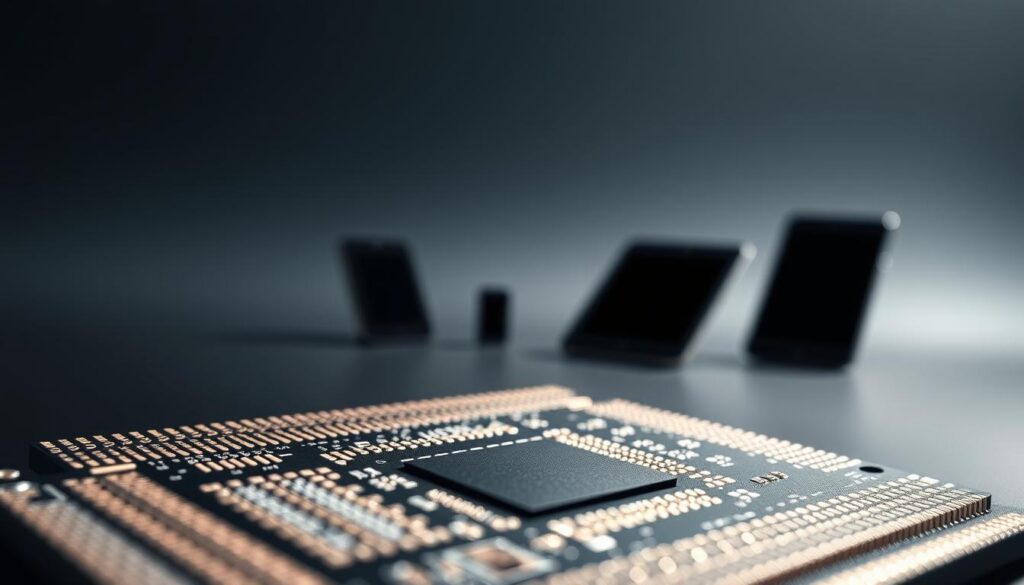 A close-up view of an LPDDR6 memory chip designed for portable devices, showcasing its intricate circuit patterns and shimmering surface details. The foreground features the chip prominently, glimmering under soft, focused lighting that accentuates its advanced technology. In the middle ground, blurred silhouettes of modern smartphones and tablets highlight the practical applications of the chip, creating a sense of connectivity. The background is subtly gradient, transitioning from dark blues to light grays, evoking a futuristic atmosphere. The scene is captured with a shallow depth of field, emphasizing the chip's sleek design while maintaining an overall high-tech vibe, ideal for illustrating the transformative role of memory in mobile devices. A close-up view of an LPDDR6 memory chip designed for portable devices, showcasing its intricate circuit patterns and shimmering surface details. The foreground features the chip prominently, glimmering under soft, focused lighting that accentuates its advanced technology. In the middle ground, blurred silhouettes of modern smartphones and tablets highlight the practical applications of the chip, creating a sense of connectivity. The background is subtly gradient, transitioning from dark blues to light grays, evoking a futuristic atmosphere. The scene is captured with a shallow depth of field, emphasizing the chip's sleek design while maintaining an overall high-tech vibe, ideal for illustrating the transformative role of memory in mobile devices.