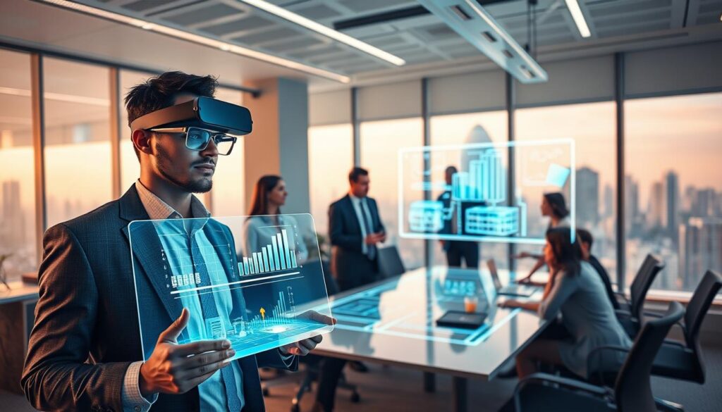 A corporate office setting illuminated with soft, futuristic lighting, showcasing diverse professionals wearing business attire and using augmented reality (AR) and virtual reality (VR) devices in their operations. In the foreground, a focused employee engages with a holographic interface, displaying data graphs and 3D models. In the middle ground, a team collaborates around a sleek conference table, interacting with virtual blueprints projected in the air. In the background, large windows reveal a city skyline, hinting at an innovative urban environment. The atmosphere conveys excitement and forward-thinking, emphasizing the integration of technology into daily business operations. Use a wide-angle lens to capture the dynamic workspace, ensuring clarity and depth in the composition. A corporate office setting illuminated with soft, futuristic lighting, showcasing diverse professionals wearing business attire and using augmented reality (AR) and virtual reality (VR) devices in their operations. In the foreground, a focused employee engages with a holographic interface, displaying data graphs and 3D models. In the middle ground, a team collaborates around a sleek conference table, interacting with virtual blueprints projected in the air. In the background, large windows reveal a city skyline, hinting at an innovative urban environment. The atmosphere conveys excitement and forward-thinking, emphasizing the integration of technology into daily business operations. Use a wide-angle lens to capture the dynamic workspace, ensuring clarity and depth in the composition.
