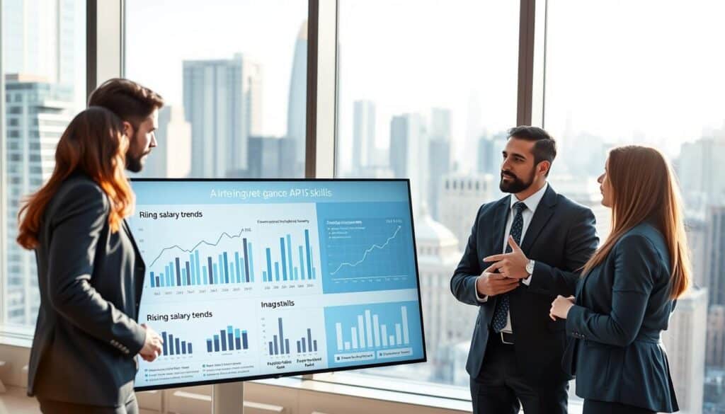 A dynamic and modern office environment showcasing the synergy between artificial intelligence and professionals. In the foreground, a diverse group of four people, dressed in professional business attire, discussing data trends displayed on a sleek digital screen. In the middle ground, a large infographic showing rising salary trends related to AI skills, with graphs and statistics prominently illustrated. The background reveals an expansive city skyline through large glass windows under natural sunlight, creating a bright and optimistic atmosphere. Soft focus on the individuals creates a sense of depth, emphasizing their engagement with AI technology. The overall mood is one of innovation, collaboration, and future possibilities, reflecting the importance of AI skills in the workplace. A dynamic and modern office environment showcasing the synergy between artificial intelligence and professionals. In the foreground, a diverse group of four people, dressed in professional business attire, discussing data trends displayed on a sleek digital screen. In the middle ground, a large infographic showing rising salary trends related to AI skills, with graphs and statistics prominently illustrated. The background reveals an expansive city skyline through large glass windows under natural sunlight, creating a bright and optimistic atmosphere. Soft focus on the individuals creates a sense of depth, emphasizing their engagement with AI technology. The overall mood is one of innovation, collaboration, and future possibilities, reflecting the importance of AI skills in the workplace.