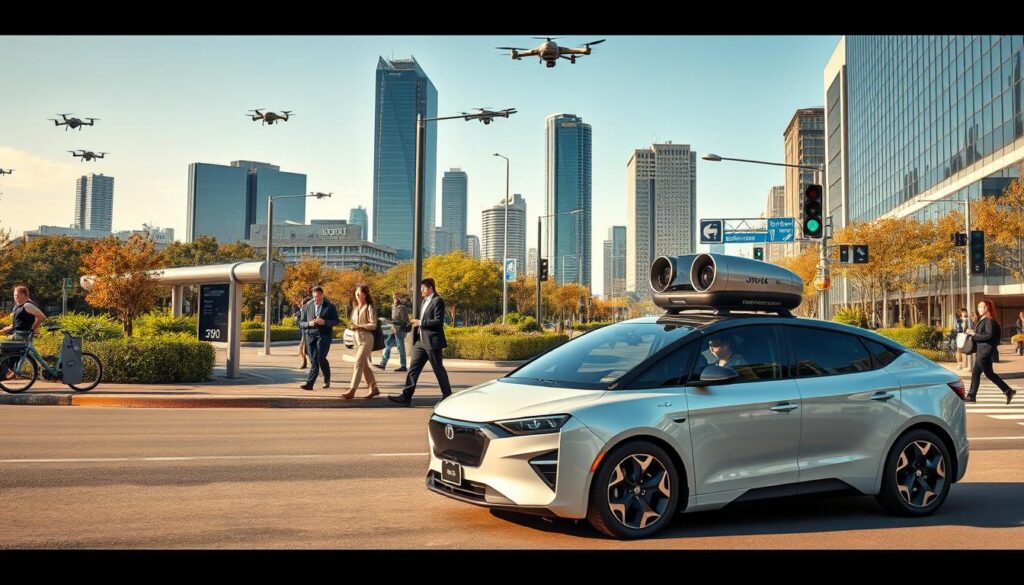 A futuristic cityscape illustrating autonomous vehicles navigating smoothly through smart streets. In the foreground, a sleek, driverless car equipped with advanced sensors and cameras, showcasing its high-tech design. In the middle, diverse pedestrians interacting with digital displays, wearing professional attire, suggesting a safe and organized traffic experience. A bicycle-sharing station and greenery enhance urban livability. The background features modern high-rise buildings, intelligent traffic lights, and drones in the sky, all under a clear blue sky. The scene is bathed in warm, natural sunlight, creating a hopeful atmosphere reflecting innovation and safety in urban mobility. Capture this scene from a slightly elevated angle to emphasize the integration of technology in everyday life.