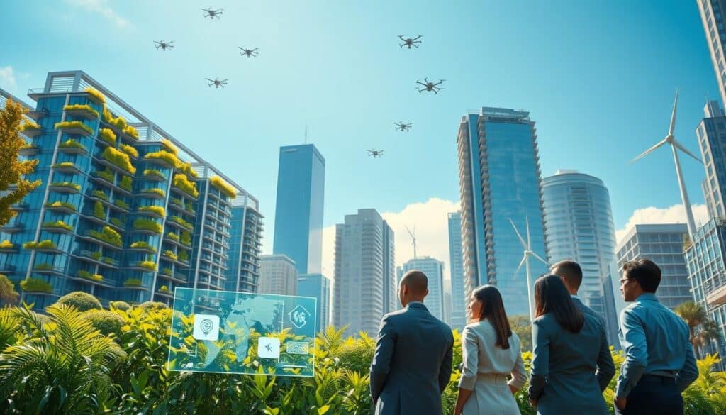 A futuristic cityscape showcasing digital sustainability and green technologies. In the foreground, a group of diverse professionals in business attire is engaged in a collaborative discussion around a holographic display illustrating renewable energy sources. The middle ground features modern skyscrapers adorned with vertical gardens and solar panels, nestled among lush greenery. The background reveals a clear blue sky dotted with drones and wind turbines, symbolizing innovation and eco-friendliness. Soft, warm lighting enhances the scene, creating an optimistic and forward-thinking atmosphere. The angle captures the height of the buildings, providing a sense of scale and progress in technology. Overall, the image evokes a sense of harmony between urban living and nature, highlighting the future of digital sustainability. A futuristic cityscape showcasing digital sustainability and green technologies. In the foreground, a group of diverse professionals in business attire is engaged in a collaborative discussion around a holographic display illustrating renewable energy sources. The middle ground features modern skyscrapers adorned with vertical gardens and solar panels, nestled among lush greenery. The background reveals a clear blue sky dotted with drones and wind turbines, symbolizing innovation and eco-friendliness. Soft, warm lighting enhances the scene, creating an optimistic and forward-thinking atmosphere. The angle captures the height of the buildings, providing a sense of scale and progress in technology. Overall, the image evokes a sense of harmony between urban living and nature, highlighting the future of digital sustainability.