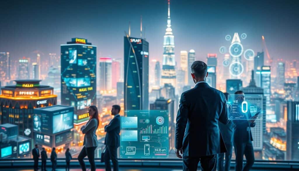 A futuristic cityscape showcasing the integration of Artificial Intelligence and Internet of Things (IoT) within the Web 4.0 framework. In the foreground, a diverse group of professionals in smart business attire interact with holographic interfaces displaying data analytics and IoT devices. The middle ground features smart buildings adorned with digital screens, interconnected sensors, and green technology elements like solar panels. In the background, a vibrant skyline illuminated by dynamic light patterns suggests a thriving digital ecosystem. Soft, glowing lighting enhances the innovative atmosphere, while a slight tilt-shift lens effect emphasizes depth. The overall mood is optimistic and forward-thinking, reflecting the transformative technologies shaping the future of connectivity and intelligence. A futuristic cityscape showcasing the integration of Artificial Intelligence and Internet of Things (IoT) within the Web 4.0 framework. In the foreground, a diverse group of professionals in smart business attire interact with holographic interfaces displaying data analytics and IoT devices. The middle ground features smart buildings adorned with digital screens, interconnected sensors, and green technology elements like solar panels. In the background, a vibrant skyline illuminated by dynamic light patterns suggests a thriving digital ecosystem. Soft, glowing lighting enhances the innovative atmosphere, while a slight tilt-shift lens effect emphasizes depth. The overall mood is optimistic and forward-thinking, reflecting the transformative technologies shaping the future of connectivity and intelligence.