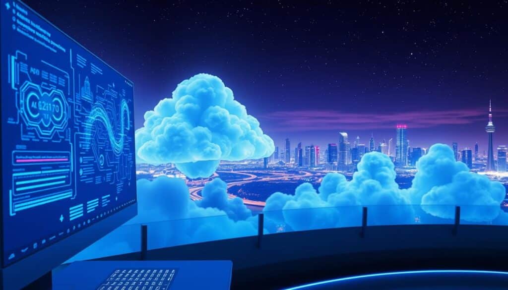 A futuristic cloud computing environment showcasing "Generative Artificial Intelligence" as the operational standard. In the foreground, a sleek, modern computer workstation with holographic displays depicting intricate algorithms and data streams. In the middle ground, vibrant, floating cloud formations with digital motifs breaking through, symbolizing the integration of AI in cloud technologies. The background features a panoramic city skyline illuminated by soft neon lights, under a twilight sky filled with stars. The atmosphere is innovative and dynamic, conveying a sense of cutting-edge technology and progress. The scene is brightly lit, with a focus on blue and purple hues, emphasizing a high-tech aesthetic. No human figures are present, ensuring a clean, professional look.