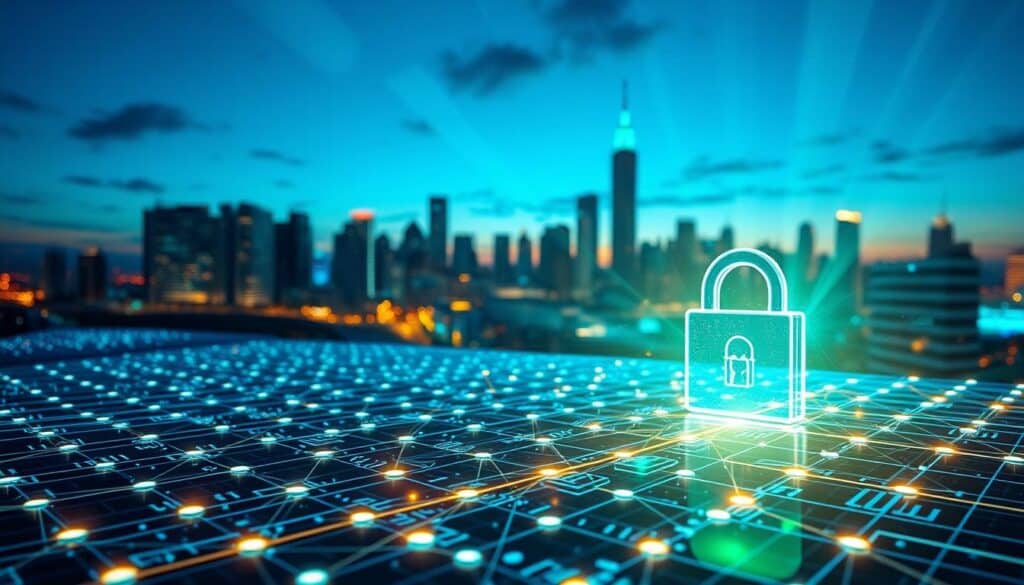 A futuristic digital landscape representing blockchain technology and digital security. In the foreground, intricate 3D grids and transparent digital locks symbolize secure transactions. The middle ground features a glowing blockchain network with interconnected nodes, pulsing with vibrant blue and green lights, illustrating data flow. In the background, a sleek city skyline at dusk adds depth, lit with illuminated windows. The atmosphere is one of optimism and innovation, with soft beams of light enhancing the scene. The image captures a sense of transparency and trust, suitable for showcasing the impact of blockchain on digital security, with warm lighting to create an inviting mood. A futuristic digital landscape representing blockchain technology and digital security. In the foreground, intricate 3D grids and transparent digital locks symbolize secure transactions. The middle ground features a glowing blockchain network with interconnected nodes, pulsing with vibrant blue and green lights, illustrating data flow. In the background, a sleek city skyline at dusk adds depth, lit with illuminated windows. The atmosphere is one of optimism and innovation, with soft beams of light enhancing the scene. The image captures a sense of transparency and trust, suitable for showcasing the impact of blockchain on digital security, with warm lighting to create an inviting mood.