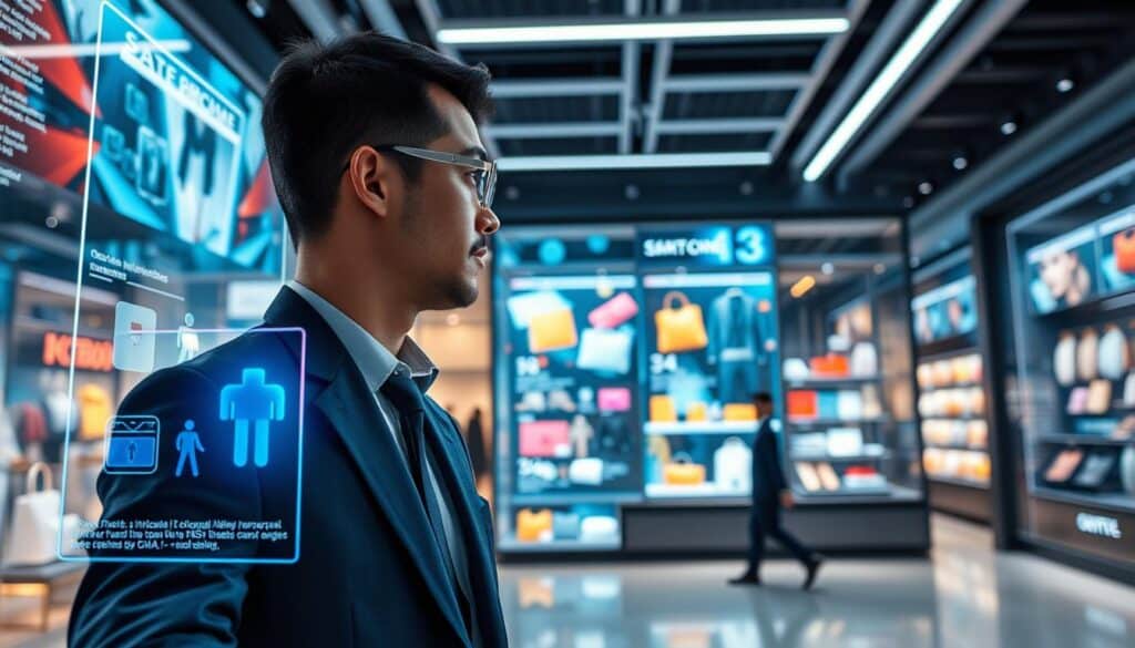 A futuristic e-commerce environment showcasing the integration of generative AI technology. In the foreground, a professional individual in business attire interacts with a sleek, holographic interface displaying virtual products and personalized recommendations. The middle ground features a digital storefront with vibrant, AI-generated images of products, seamlessly blending creativity and practicality. The background is a modern retail space filled with dynamic displays, illuminated by soft, ambient lighting that emanates a sense of innovation and sophistication. The perspective is slightly angled from a low viewpoint to emphasize the immersive technology. The atmosphere is optimistic and futuristic, reflecting the transformative potential of generative AI in the e-commerce sector. A futuristic e-commerce environment showcasing the integration of generative AI technology. In the foreground, a professional individual in business attire interacts with a sleek, holographic interface displaying virtual products and personalized recommendations. The middle ground features a digital storefront with vibrant, AI-generated images of products, seamlessly blending creativity and practicality. The background is a modern retail space filled with dynamic displays, illuminated by soft, ambient lighting that emanates a sense of innovation and sophistication. The perspective is slightly angled from a low viewpoint to emphasize the immersive technology. The atmosphere is optimistic and futuristic, reflecting the transformative potential of generative AI in the e-commerce sector.