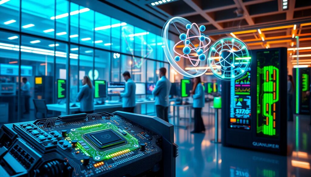 A futuristic quantum computer in a sleek lab environment, prominently displayed in the foreground. The machine features intricate circuits glowing with vibrant blue and green lights, symbolizing its advanced technology. In the middle ground, scientists in professional attire are intensely studying data on monitors, with holographic displays illustrating quantum algorithms and particle entanglement. The background showcases a high-tech lab with glass panels, dynamic lighting that casts a mix of cool and warm tones, and abstract representations of quantum states swirling in the air. The overall atmosphere is focused and innovative, capturing the challenges and limitations currently faced in quantum computing research. A futuristic quantum computer in a sleek lab environment, prominently displayed in the foreground. The machine features intricate circuits glowing with vibrant blue and green lights, symbolizing its advanced technology. In the middle ground, scientists in professional attire are intensely studying data on monitors, with holographic displays illustrating quantum algorithms and particle entanglement. The background showcases a high-tech lab with glass panels, dynamic lighting that casts a mix of cool and warm tones, and abstract representations of quantum states swirling in the air. The overall atmosphere is focused and innovative, capturing the challenges and limitations currently faced in quantum computing research.