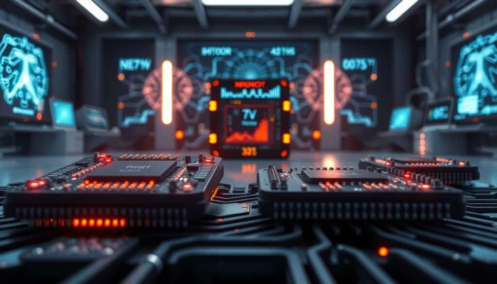 A futuristic scene showcasing advanced neuromorphic chips designed for energy efficiency, placed prominently in the foreground. The chips are intricately detailed, with circuits and glowing components that suggest high-performance parallel processing capabilities. In the middle ground, a sleek processor assembly and a digital interface display real-time data metrics, emphasizing energy consumption and processing speed. The background features a high-tech laboratory with abstract diagrams of neural networks and a subtle glow from screens. The lighting is bright, creating a scientific and innovative atmosphere, as if in a state-of-the-art research facility. Capture the essence of technology's evolution and its impact on AI, all rendered with a modern, clean aesthetic.