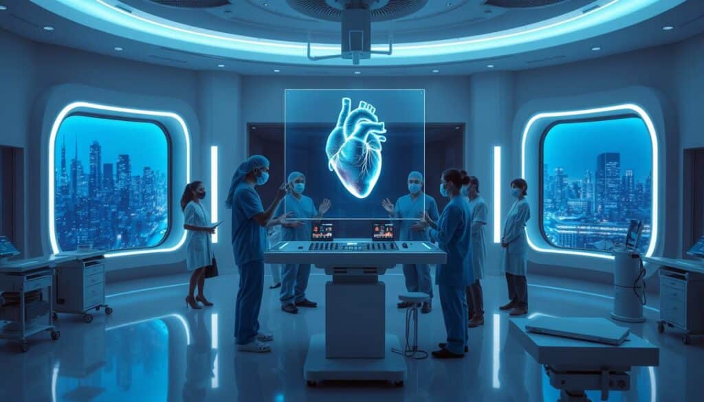 A futuristic surgical room illuminated with soft, ambient blue and white lighting, featuring a holographic display of a human heart projected above a sterile operating table. In the foreground, a diverse team of surgeons dressed in professional scrubs and lab coats attentively interact with the hologram, utilizing gesture-based controls to manipulate the visual data. The middle ground displays advanced medical instruments arranged neatly, reflecting a high-tech environment. In the background, a large window shows a digital cityscape, emphasizing innovation and modernity. The atmosphere is one of collaboration and precision, with a sense of awe inspired by the integration of holographic technology in medicine, suggesting a transformative future in surgical procedures.