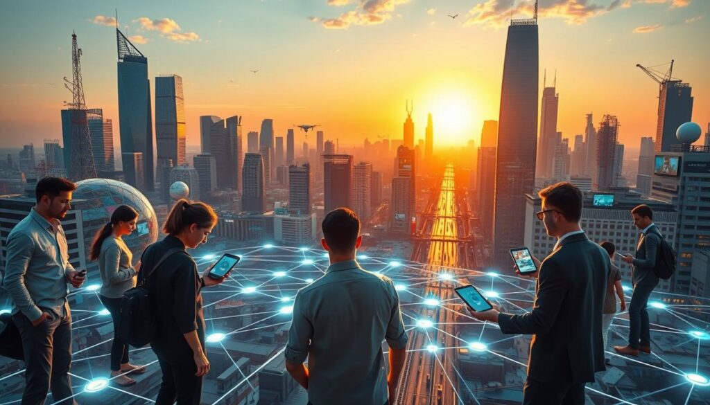 A futuristic urban landscape showcasing the power of 5G connectivity and the Internet of Things. In the foreground, a diverse group of professionals dressed in smart casual attire interact with sleek, advanced devices that connect effortlessly to a glowing network grid. In the middle ground, smart city elements like autonomous vehicles, drones, and interconnected buildings with digital screens illustrate seamless communication. The background features a vibrant skyline with towering skyscrapers, adorned with antennas and satellite dishes, under a serene sunset sky casting warm, golden light. The mood is optimistic and forward-looking, emphasizing technological advancement and integration, with a focus on harmony between people and technology.