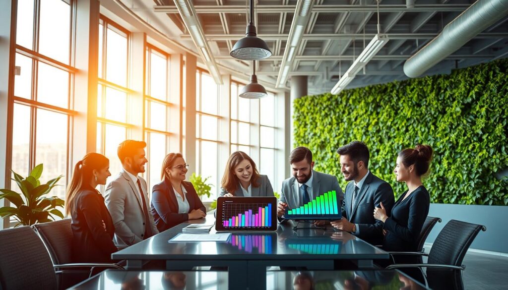 A modern corporate office environment illustrating "Energy Efficiency in Business". In the foreground, a group of diverse professionals in business attire collaborates around a sleek conference table, analyzing vibrant graphs on a digital tablet that detail energy consumption data. The middle ground features tall windows allowing natural light to flood the room, highlighting energy-efficient LED lighting fixtures above. In the background, a green wall with plants symbolizes sustainability. The overall mood is optimistic and forward-thinking, with a color palette of blues and greens to evoke freshness and technology. The scene is photographed with a wide-angle lens, capturing the innovative workspace's depth and ambiance, emphasizing the harmony between technology and energy efficiency. A modern corporate office environment illustrating "Energy Efficiency in Business". In the foreground, a group of diverse professionals in business attire collaborates around a sleek conference table, analyzing vibrant graphs on a digital tablet that detail energy consumption data. The middle ground features tall windows allowing natural light to flood the room, highlighting energy-efficient LED lighting fixtures above. In the background, a green wall with plants symbolizes sustainability. The overall mood is optimistic and forward-thinking, with a color palette of blues and greens to evoke freshness and technology. The scene is photographed with a wide-angle lens, capturing the innovative workspace's depth and ambiance, emphasizing the harmony between technology and energy efficiency.