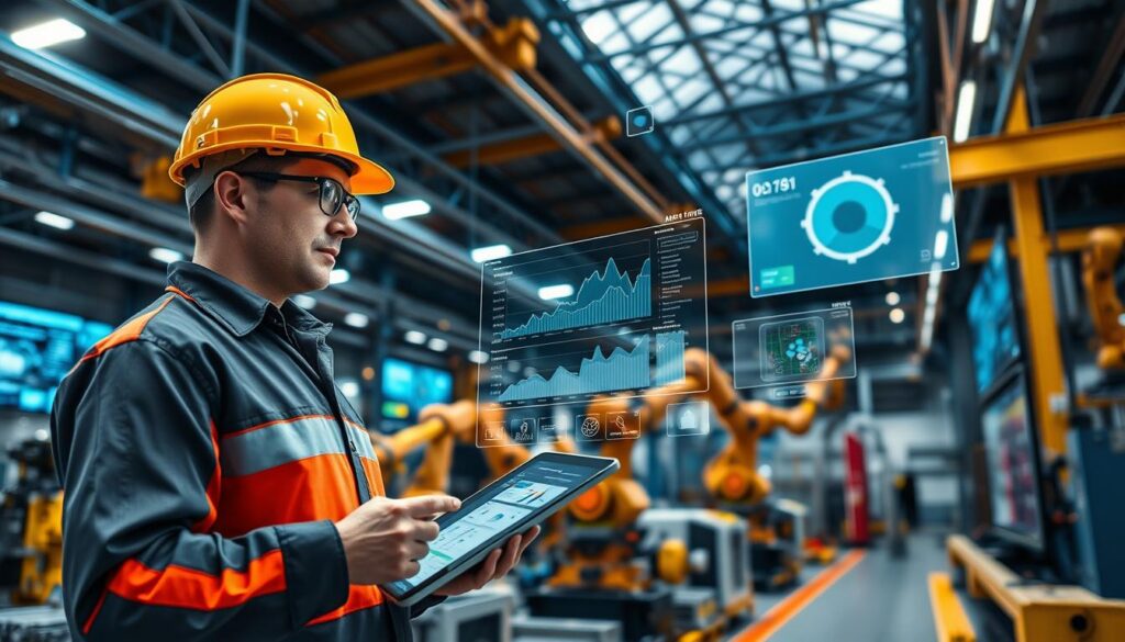 A modern factory setting showcasing predictive maintenance in Industry 4.0. In the foreground, a professional engineer wearing a hard hat and safety glasses examines a digital dashboard on a tablet, displaying predictive analytics and equipment status. The middle ground features advanced machinery with robotic arms and sensors, all interconnected by smart technology. In the background, large screens display real-time data and graphs, with holographic interfaces projecting analytics into the air. The lighting is bright and industrial, with a slight blue hue, evoking a high-tech atmosphere. The scene captures a sense of innovation and efficiency, emphasizing the integration of artificial intelligence in manufacturing processes. The angle is slightly elevated, providing a comprehensive view of the bustling environment. A modern factory setting showcasing predictive maintenance in Industry 4.0. In the foreground, a professional engineer wearing a hard hat and safety glasses examines a digital dashboard on a tablet, displaying predictive analytics and equipment status. The middle ground features advanced machinery with robotic arms and sensors, all interconnected by smart technology. In the background, large screens display real-time data and graphs, with holographic interfaces projecting analytics into the air. The lighting is bright and industrial, with a slight blue hue, evoking a high-tech atmosphere. The scene captures a sense of innovation and efficiency, emphasizing the integration of artificial intelligence in manufacturing processes. The angle is slightly elevated, providing a comprehensive view of the bustling environment.