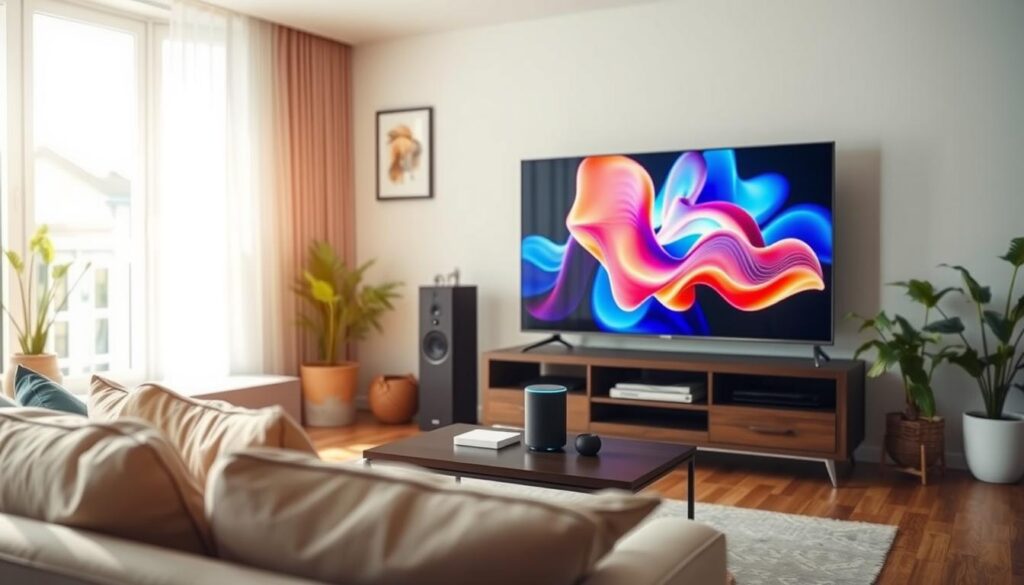 A modern living room featuring a sleek Smart TV with a built-in voice assistant, displayed prominently on a stylish media console. In the foreground, a cozy couch adorned with colorful cushions invites relaxation. The TV screen shows a vibrant, abstract visual, suggesting advanced AI technology. In the middle, a coffee table holds a smart speaker and a few tech gadgets, indicating a connected lifestyle. Soft ambient lighting creates a warm, inviting atmosphere, with sunlight streaming through a window, enhancing the modern decor. The background displays tasteful wall art and plants, providing a sense of tranquility. The scene is captured with a slight depth of field, focusing on the Smart TV, conveying the innovative spirit of smart home technology. A modern living room featuring a sleek Smart TV with a built-in voice assistant, displayed prominently on a stylish media console. In the foreground, a cozy couch adorned with colorful cushions invites relaxation. The TV screen shows a vibrant, abstract visual, suggesting advanced AI technology. In the middle, a coffee table holds a smart speaker and a few tech gadgets, indicating a connected lifestyle. Soft ambient lighting creates a warm, inviting atmosphere, with sunlight streaming through a window, enhancing the modern decor. The background displays tasteful wall art and plants, providing a sense of tranquility. The scene is captured with a slight depth of field, focusing on the Smart TV, conveying the innovative spirit of smart home technology.