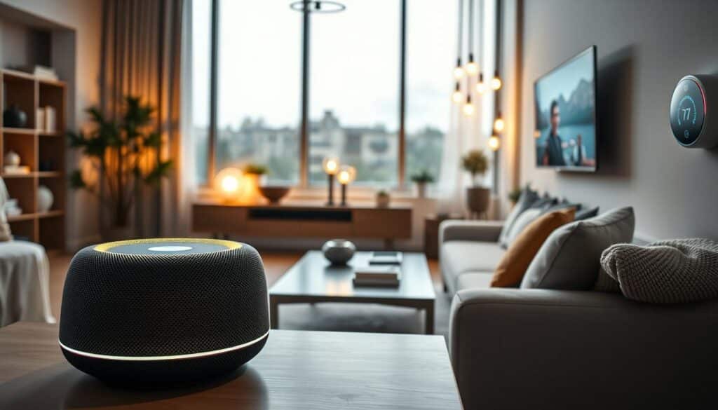 A modern living room showcasing an array of smart home devices, designed to enhance home automation. In the foreground, a sleek, smart speaker on a minimalist coffee table, glowing softly with a welcoming light. To the right, a smart thermostat mounted on the wall, displaying a user-friendly interface. In the middle background, a large smart TV streaming content, surrounded by smart bulbs emitting warm light, creating a cozy atmosphere. Soft natural light pours in through large windows, illuminating the space and enhancing the modern decor. The mood is inviting and futuristic, emphasizing comfort and technological advancement. The angle is slightly elevated, capturing the harmony of devices within a stylish home environment. A modern living room showcasing an array of smart home devices, designed to enhance home automation. In the foreground, a sleek, smart speaker on a minimalist coffee table, glowing softly with a welcoming light. To the right, a smart thermostat mounted on the wall, displaying a user-friendly interface. In the middle background, a large smart TV streaming content, surrounded by smart bulbs emitting warm light, creating a cozy atmosphere. Soft natural light pours in through large windows, illuminating the space and enhancing the modern decor. The mood is inviting and futuristic, emphasizing comfort and technological advancement. The angle is slightly elevated, capturing the harmony of devices within a stylish home environment.