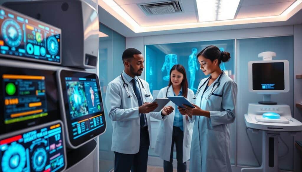 A modern medical diagnostic lab showcasing cutting-edge technology. In the foreground, a high-tech diagnostic machine with glowing screens and intricate interfaces, displaying vibrant data visualizations. In the middle ground, two diverse healthcare professionals in professional attire, attentively analyzing results on a digital tablet. The background features a sleek, sterile lab environment with advanced imaging devices, such as a portable ultrasound machine and a 3D printer for prosthetics, all under soft, ambient lighting that enhances the futuristic feel. The atmosphere is one of innovation and collaboration, highlighting the transformative impact of technology in healthcare diagnostics. The scene captures a sense of hope and advancement in medical technology. A modern medical diagnostic lab showcasing cutting-edge technology. In the foreground, a high-tech diagnostic machine with glowing screens and intricate interfaces, displaying vibrant data visualizations. In the middle ground, two diverse healthcare professionals in professional attire, attentively analyzing results on a digital tablet. The background features a sleek, sterile lab environment with advanced imaging devices, such as a portable ultrasound machine and a 3D printer for prosthetics, all under soft, ambient lighting that enhances the futuristic feel. The atmosphere is one of innovation and collaboration, highlighting the transformative impact of technology in healthcare diagnostics. The scene captures a sense of hope and advancement in medical technology.