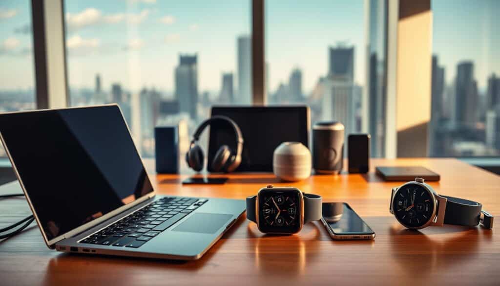 A modern office desk setting featuring high-tech gadgets. In the foreground, a sleek laptop with an illuminated keyboard, a stylish smartphone, and an innovative smartwatch displaying various features. In the middle, a tablet surrounded by smart home devices like a voice assistant speaker, headphones, and a portable charger. The background should showcase a large window overlooking a city skyline, filled with natural sunlight casting soft shadows across the desk. Use a shallow depth of field to keep the focus on the gadgets while the background remains slightly blurred. The mood is professional yet inviting, emphasizing the importance of informed gadget purchasing decisions. The lighting is bright and warm, creating an engaging atmosphere conducive to exploration and learning. A modern office desk setting featuring high-tech gadgets. In the foreground, a sleek laptop with an illuminated keyboard, a stylish smartphone, and an innovative smartwatch displaying various features. In the middle, a tablet surrounded by smart home devices like a voice assistant speaker, headphones, and a portable charger. The background should showcase a large window overlooking a city skyline, filled with natural sunlight casting soft shadows across the desk. Use a shallow depth of field to keep the focus on the gadgets while the background remains slightly blurred. The mood is professional yet inviting, emphasizing the importance of informed gadget purchasing decisions. The lighting is bright and warm, creating an engaging atmosphere conducive to exploration and learning.