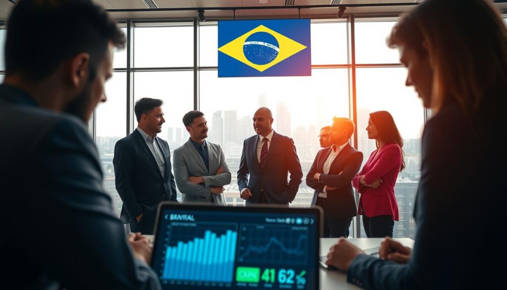 A modern office interior illustrating investments in technological security in Brazil. In the foreground, a diverse group of professionals in business attire are engaged in a discussion, reviewing graphs and charts on a laptop displaying rising cybersecurity investment trends. The middle ground features a large screen showing digital security systems and cybersecurity statistics, with the Brazilian flag subtly incorporated into the design. In the background, large windows allow natural light to fill the space, revealing a city skyline symbolizing growth and innovation. The atmosphere is collaborative and optimistic, with a focus on the future of cybersecurity in Brazil. The lighting is bright and warm, showcasing a dynamic and professional environment. A modern office interior illustrating investments in technological security in Brazil. In the foreground, a diverse group of professionals in business attire are engaged in a discussion, reviewing graphs and charts on a laptop displaying rising cybersecurity investment trends. The middle ground features a large screen showing digital security systems and cybersecurity statistics, with the Brazilian flag subtly incorporated into the design. In the background, large windows allow natural light to fill the space, revealing a city skyline symbolizing growth and innovation. The atmosphere is collaborative and optimistic, with a focus on the future of cybersecurity in Brazil. The lighting is bright and warm, showcasing a dynamic and professional environment.