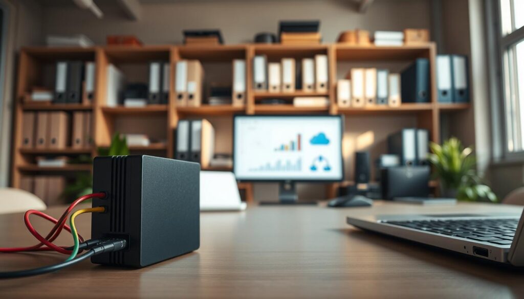 A modern office workspace highlighting data storage and backup solutions. In the foreground, a sleek external hard drive connected to a laptop with colorful cables, showcasing a tech-savvy environment. The middle ground features an organized desk with a high-resolution monitor displaying data charts and cloud storage icons, illuminated by soft, diffused lighting to create a warm atmosphere. In the background, shelves filled with folders and digital devices, representing a comprehensive data management system. The scene captures a professional yet inviting mood, preferably captured with a focus lens to emphasize the foreground details while gently blurring the background. Natural light streams through a window, adding to the serene and productive vibe. A modern office workspace highlighting data storage and backup solutions. In the foreground, a sleek external hard drive connected to a laptop with colorful cables, showcasing a tech-savvy environment. The middle ground features an organized desk with a high-resolution monitor displaying data charts and cloud storage icons, illuminated by soft, diffused lighting to create a warm atmosphere. In the background, shelves filled with folders and digital devices, representing a comprehensive data management system. The scene captures a professional yet inviting mood, preferably captured with a focus lens to emphasize the foreground details while gently blurring the background. Natural light streams through a window, adding to the serene and productive vibe.