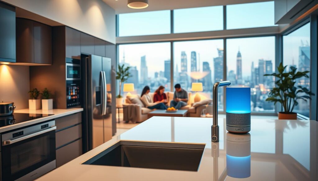 A modern smart home interior featuring virtual assistants in action. In the foreground, a sleek kitchen with smart appliances integrated with voice control features, showcasing a friendly virtual assistant on a countertop display. In the middle, a cozy living area with a family interacting with voice commands, illuminated by warm, soft lighting. Large windows in the background reveal a futuristic cityscape, enhancing the high-tech atmosphere. The overall mood is one of comfort, efficiency, and innovation. Use a wide-angle lens to capture the spaciousness and detail, ensuring a bright and inviting ambiance throughout the scene. The setting should feel vibrant and engaging, emphasizing the harmonious blend of technology and everyday life.