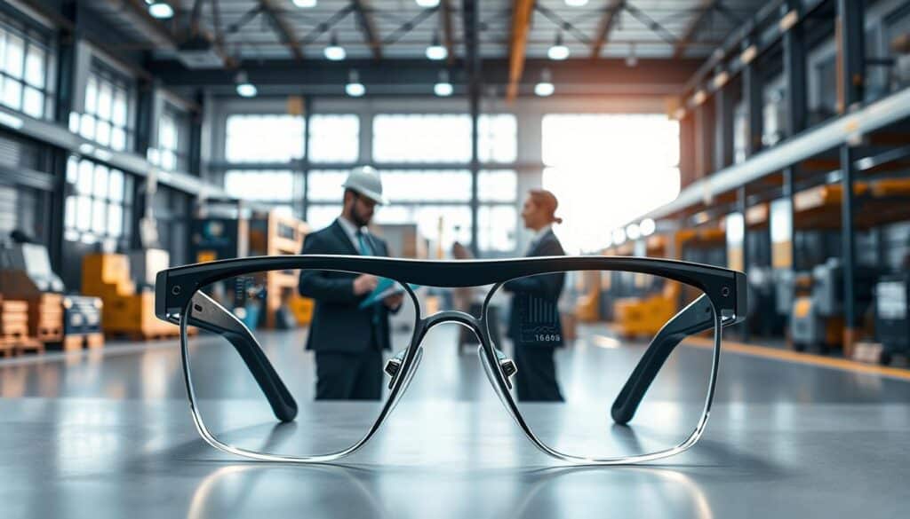 A pair of advanced smart glasses, featuring a sleek design with a transparent heads-up display, is placed in the foreground. The lenses reflect digital data overlays while glowing subtly. In the middle, an industrial workspace comes alive with engineers in professional business attire, interacting with digital interfaces projected by the glasses. High-tech machinery and organized logistical operations can be seen around them. The background showcases a modern factory setting, filled with machines and assembly lines, illuminated by bright, natural light streaming through large windows. The atmosphere is dynamic and innovative, emphasizing the transformative impact of smart glasses on industry and logistics. The angle is slightly elevated, offering a comprehensive view of the engagement between technology and its users. A pair of advanced smart glasses, featuring a sleek design with a transparent heads-up display, is placed in the foreground. The lenses reflect digital data overlays while glowing subtly. In the middle, an industrial workspace comes alive with engineers in professional business attire, interacting with digital interfaces projected by the glasses. High-tech machinery and organized logistical operations can be seen around them. The background showcases a modern factory setting, filled with machines and assembly lines, illuminated by bright, natural light streaming through large windows. The atmosphere is dynamic and innovative, emphasizing the transformative impact of smart glasses on industry and logistics. The angle is slightly elevated, offering a comprehensive view of the engagement between technology and its users.