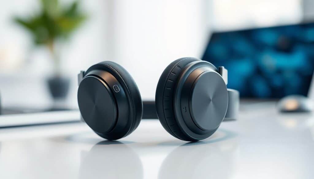 A sleek design of Bluetooth noise-cancelling headphones displayed prominently in the foreground, showcasing their smooth curves and high-quality materials. The headphones should be angled slightly to highlight their features like soft ear cushions and touch controls. In the middle ground, a subtle gradient background that suggests a modern workspace environment, perhaps with soft bokeh effects representing blurred technology gadgets. The lighting should be bright but soft, enhancing the sleek finish of the headphones while casting gentle shadows for depth. The overall mood should convey sophistication and technological advancement, ideal for an article on cutting-edge audio devices. A sleek design of Bluetooth noise-cancelling headphones displayed prominently in the foreground, showcasing their smooth curves and high-quality materials. The headphones should be angled slightly to highlight their features like soft ear cushions and touch controls. In the middle ground, a subtle gradient background that suggests a modern workspace environment, perhaps with soft bokeh effects representing blurred technology gadgets. The lighting should be bright but soft, enhancing the sleek finish of the headphones while casting gentle shadows for depth. The overall mood should convey sophistication and technological advancement, ideal for an article on cutting-edge audio devices.