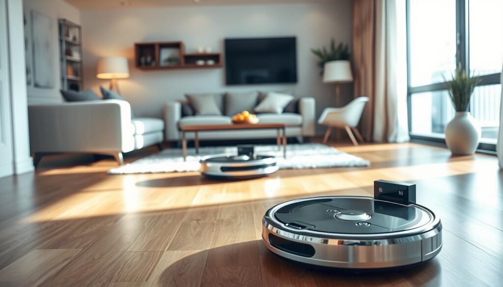 A sleek modern living room featuring advanced multifunctional robotic vacuum and mop cleaners in action. In the foreground, a shiny, compact robot with intricate design details is actively vacuuming and mopping a hardwood floor. The middle ground showcases another robot seamlessly transitioning between modes, highlighting its innovative technology. The background reveals a well-decorated space with tasteful furniture and ambient lighting, creating a cozy yet high-tech atmosphere. Natural light filters through large windows, casting soft shadows, enhancing the modern aesthetic. The overall mood is clean, efficient, and futuristic, ideal for representing cutting-edge home cleaning technology. A sleek modern living room featuring advanced multifunctional robotic vacuum and mop cleaners in action. In the foreground, a shiny, compact robot with intricate design details is actively vacuuming and mopping a hardwood floor. The middle ground showcases another robot seamlessly transitioning between modes, highlighting its innovative technology. The background reveals a well-decorated space with tasteful furniture and ambient lighting, creating a cozy yet high-tech atmosphere. Natural light filters through large windows, casting soft shadows, enhancing the modern aesthetic. The overall mood is clean, efficient, and futuristic, ideal for representing cutting-edge home cleaning technology.