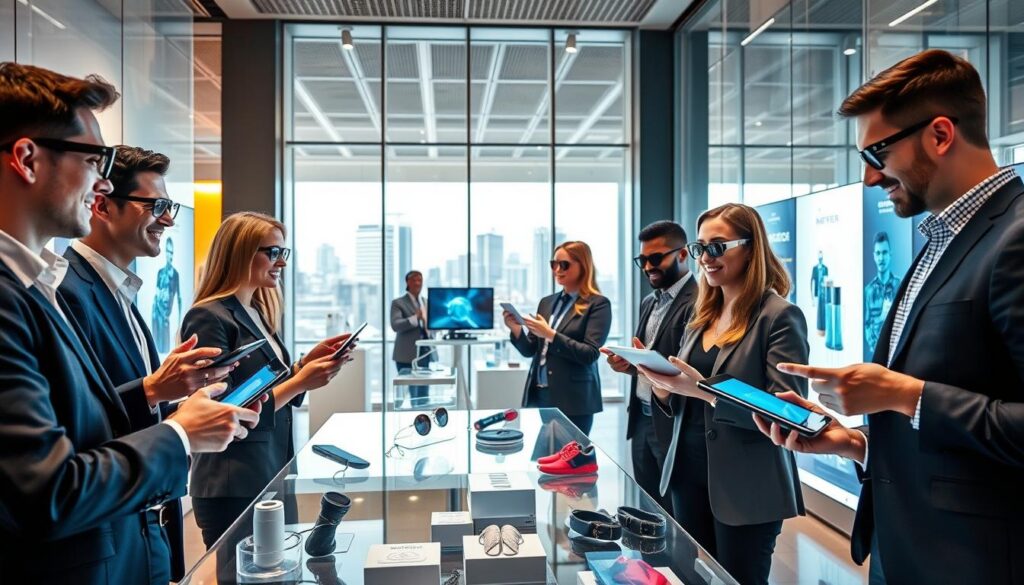 A vibrant and engaging scene showcasing "Marketing Phygital Experiences." In the foreground, a diverse group of business professionals in smart casual attire interact with augmented reality devices, such as smart glasses and tablets, seamlessly blending digital elements with physical products displayed around them. The middle ground features a sleek, high-tech retail environment with interactive screens and holographic product displays, highlighting the fusion of traditional shopping and digital engagement. In the background, a bright and modern cityscape can be seen through large glass windows, suggesting innovation and connectivity. The lighting is bright and dynamic, emphasizing a futuristic and optimistic atmosphere. The overall mood is energetic and collaborative, reflecting the synergy between physical and digital marketing experiences. A vibrant and engaging scene showcasing "Marketing Phygital Experiences." In the foreground, a diverse group of business professionals in smart casual attire interact with augmented reality devices, such as smart glasses and tablets, seamlessly blending digital elements with physical products displayed around them. The middle ground features a sleek, high-tech retail environment with interactive screens and holographic product displays, highlighting the fusion of traditional shopping and digital engagement. In the background, a bright and modern cityscape can be seen through large glass windows, suggesting innovation and connectivity. The lighting is bright and dynamic, emphasizing a futuristic and optimistic atmosphere. The overall mood is energetic and collaborative, reflecting the synergy between physical and digital marketing experiences.