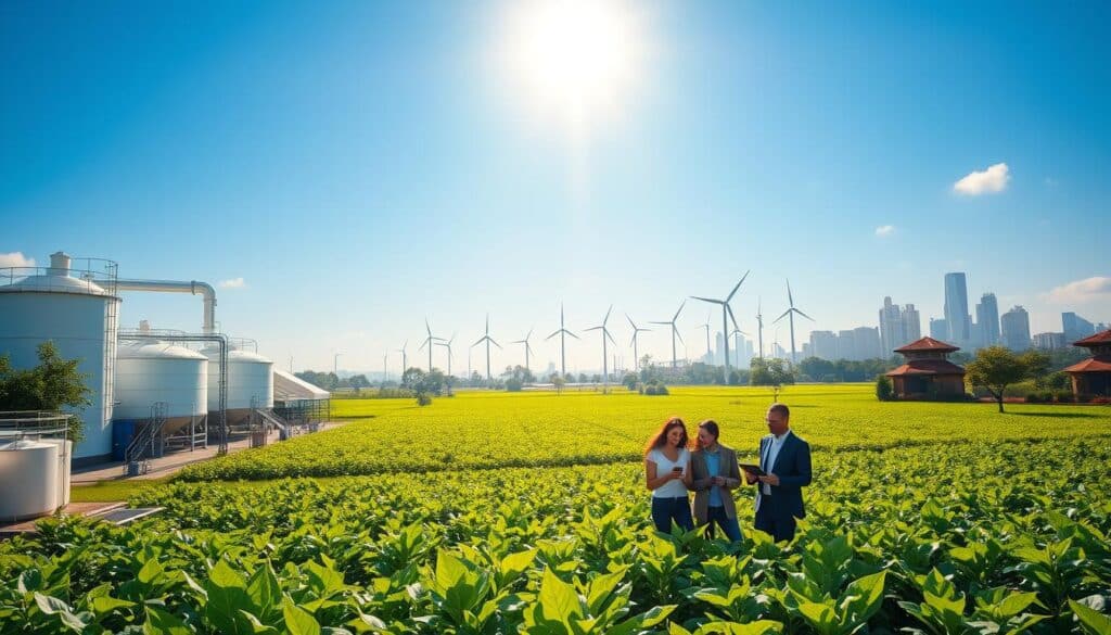 A vibrant and inspiring scene illustrating "Biocombustíveis e Energia Limpa" in a lush, green environment. In the foreground, include a large, modern biofuel production facility, showcasing sustainable technology like fermentation tanks and solar panels. A diverse group of professionals in business attire is collaborating, analyzing data on tablets. In the middle ground, depict dense fields of energy crops with wind turbines gently turning in the background, symbolizing clean energy sources. The sun is shining through a clear blue sky, casting warm, natural light that enhances the cheerful atmosphere. Include a distant view of a city skyline that highlights eco-friendly buildings and greenery integrated into urban planning. The overall mood should be optimistic and forward-looking, emphasizing innovation and sustainability.