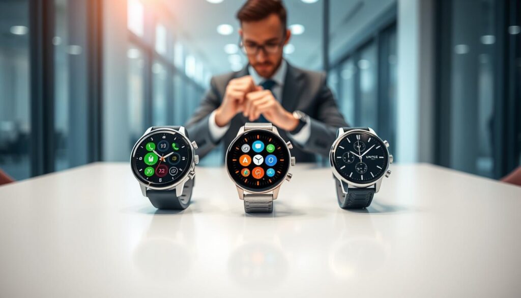 A visually engaging comparison of smartwatches representing different operating systems in a sleek, modern setting. In the foreground, three distinct smartwatches, each one showcasing a different OS like iOS, Android, and Wear OS, arranged on a minimalistic white table. The watches should be designed stylishly with clear, vibrant screens displaying their unique interfaces. In the middle ground, a soft-focus blurred background featuring a professional individual in business attire, analyzing the watches, enriched with soft, diffused lighting to evoke a tech-savvy atmosphere. The composition should use a slightly elevated angle, highlighting the smartwatches' features while maintaining a balanced, clean aesthetic. The mood is contemporary and professional, illustrating a tech comparison seamlessly. A visually engaging comparison of smartwatches representing different operating systems in a sleek, modern setting. In the foreground, three distinct smartwatches, each one showcasing a different OS like iOS, Android, and Wear OS, arranged on a minimalistic white table. The watches should be designed stylishly with clear, vibrant screens displaying their unique interfaces. In the middle ground, a soft-focus blurred background featuring a professional individual in business attire, analyzing the watches, enriched with soft, diffused lighting to evoke a tech-savvy atmosphere. The composition should use a slightly elevated angle, highlighting the smartwatches' features while maintaining a balanced, clean aesthetic. The mood is contemporary and professional, illustrating a tech comparison seamlessly.