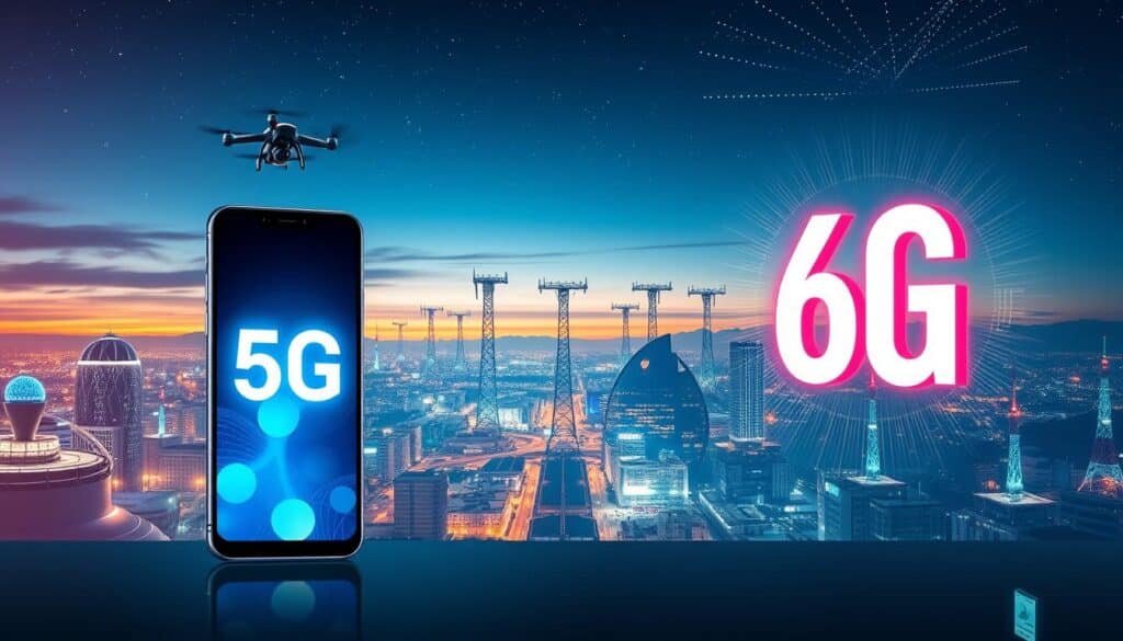 A visually striking comparison of 5G and 6G technology, illustrating the evolution of wireless communication. In the foreground, depict a sleek, futuristic smartphone showcasing 5G connectivity with a vibrant, glowing 5G logo. Beside it, present a next-generation device with a sophisticated 6G logo radiating light, symbolizing enhanced speed and connectivity. In the middle ground, illustrate a cityscape tech hub bustling with digital activity—hovering drones, autonomous vehicles, and people engaged with high-tech gadgets. The background should feature a network of interconnected towers emitting signals under a twilight sky, with stars twinkling above, hinting at limitless possibilities. Use bright, dynamic lighting to evoke a sense of innovation and excitement, with a wide-angle view to capture the vast potential of future connectivity. A visually striking comparison of 5G and 6G technology, illustrating the evolution of wireless communication. In the foreground, depict a sleek, futuristic smartphone showcasing 5G connectivity with a vibrant, glowing 5G logo. Beside it, present a next-generation device with a sophisticated 6G logo radiating light, symbolizing enhanced speed and connectivity. In the middle ground, illustrate a cityscape tech hub bustling with digital activity—hovering drones, autonomous vehicles, and people engaged with high-tech gadgets. The background should feature a network of interconnected towers emitting signals under a twilight sky, with stars twinkling above, hinting at limitless possibilities. Use bright, dynamic lighting to evoke a sense of innovation and excitement, with a wide-angle view to capture the vast potential of future connectivity.
