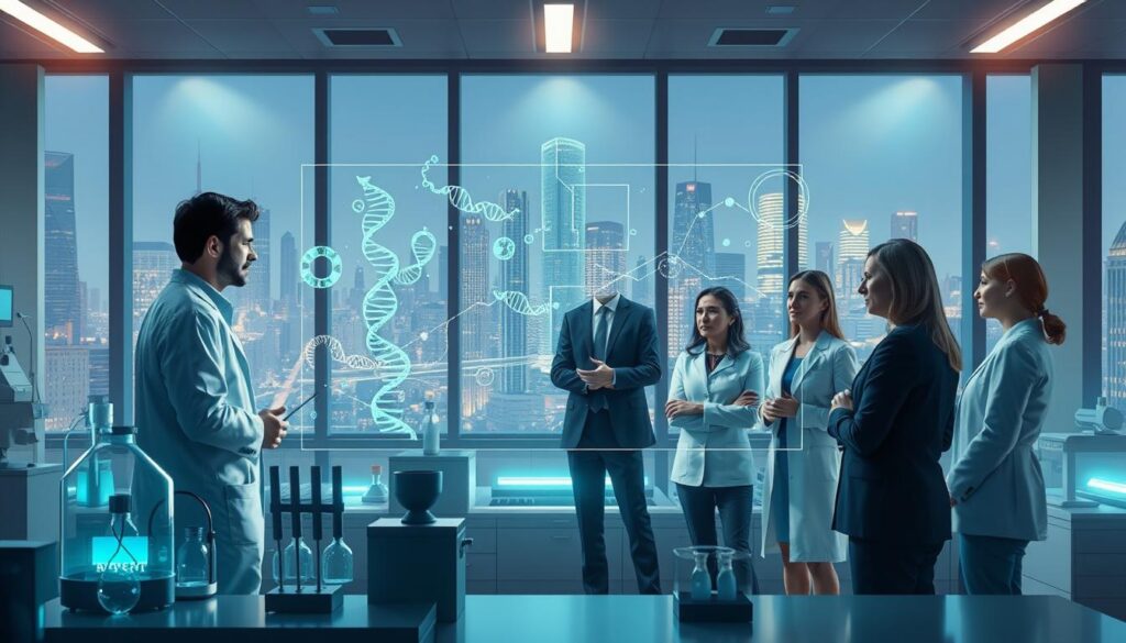 A visually striking illustration of advanced biotechnology ethics, set in a modern laboratory. In the foreground, a diverse group of professionals in business attire, including a scientist, ethicist, and regulatory expert, engaged in a serious discussion around a holographic display showing DNA sequences and molecular structures. The middle ground features lab equipment and biotechnological tools, with a soft ambient glow illuminating the space, suggesting innovation and caution. The background displays large windows revealing a futuristic cityscape, symbolizing progress and ethical challenges. The lighting is soft yet focused, creating a thoughtful atmosphere, while the overall color palette consists of cool blues and greens, emphasizing the theme of technology in harmony with ethical considerations. A visually striking illustration of advanced biotechnology ethics, set in a modern laboratory. In the foreground, a diverse group of professionals in business attire, including a scientist, ethicist, and regulatory expert, engaged in a serious discussion around a holographic display showing DNA sequences and molecular structures. The middle ground features lab equipment and biotechnological tools, with a soft ambient glow illuminating the space, suggesting innovation and caution. The background displays large windows revealing a futuristic cityscape, symbolizing progress and ethical challenges. The lighting is soft yet focused, creating a thoughtful atmosphere, while the overall color palette consists of cool blues and greens, emphasizing the theme of technology in harmony with ethical considerations.